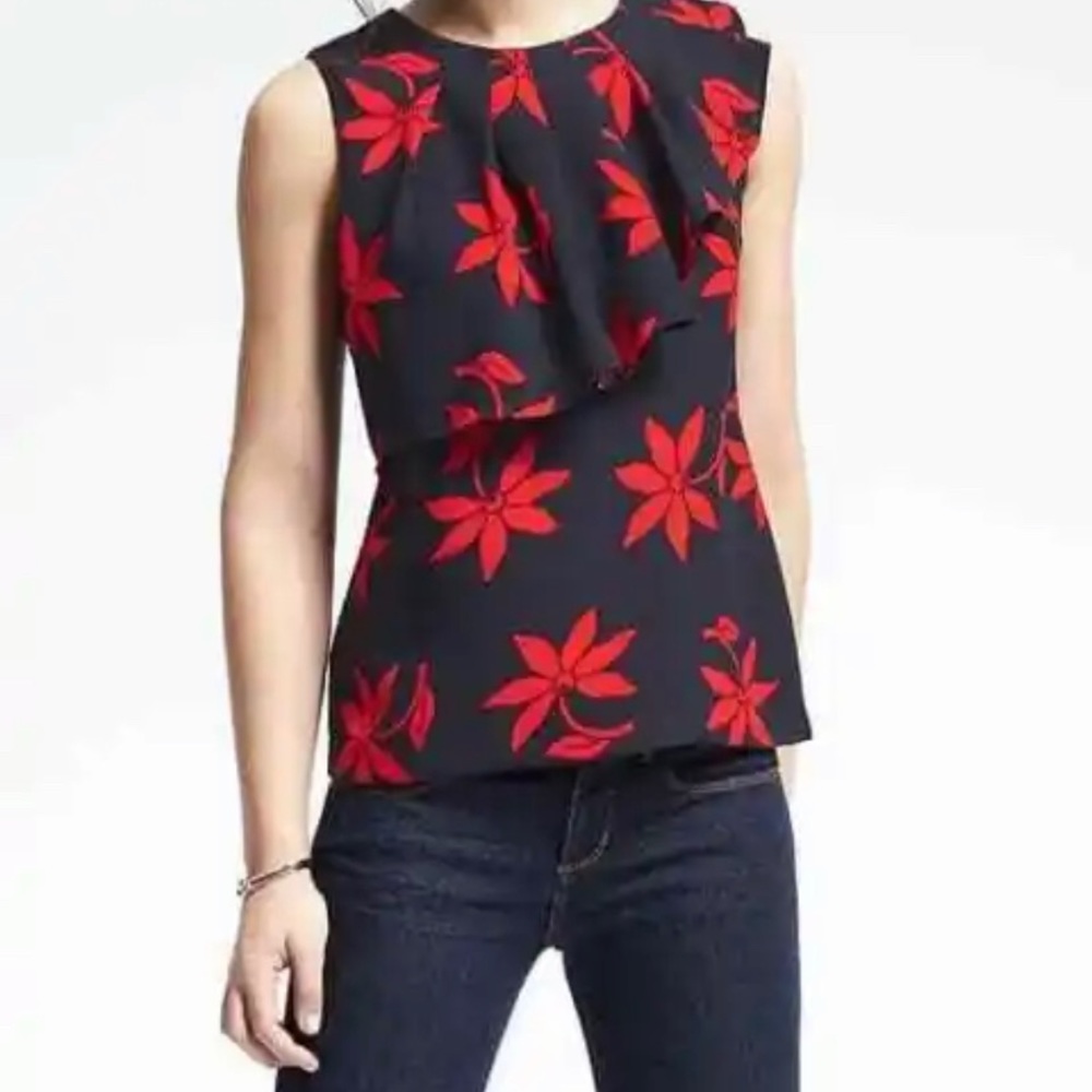 Banana Republic Red & Navy Blue print Asymmetric Blouse - Sz 4
